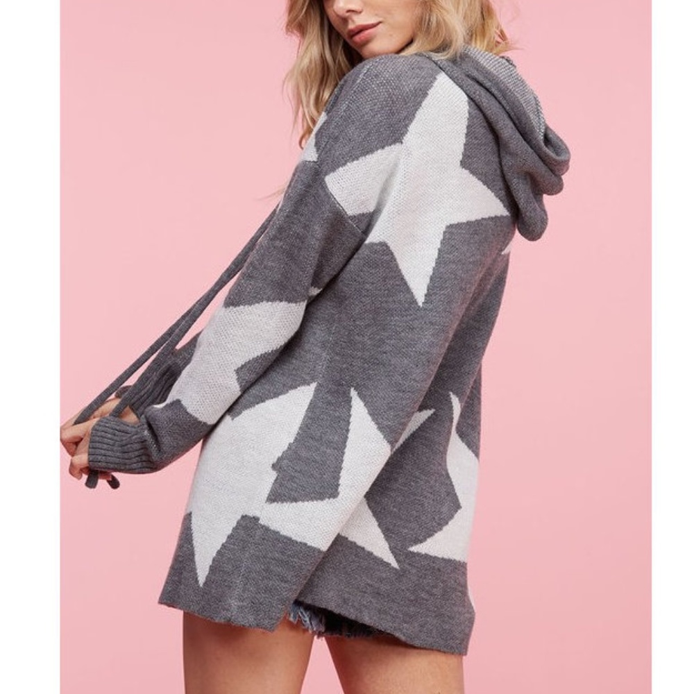 Gray White Star Hoodie Sweater Knit Tunic Top - Picture 6 of 8
